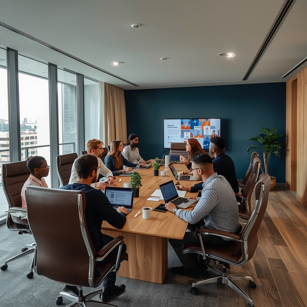 Modern corporate office collaboration space with sleek technological integration